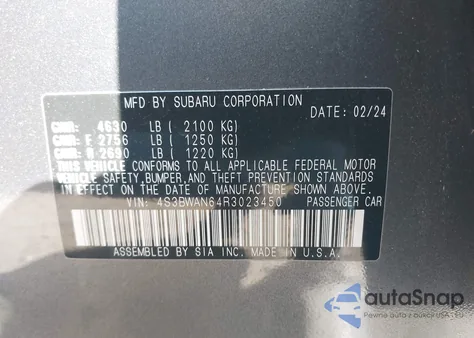 2024 Subaru Legacy Limited from USA, damaged, VIN 4S3BWAN64R3023450